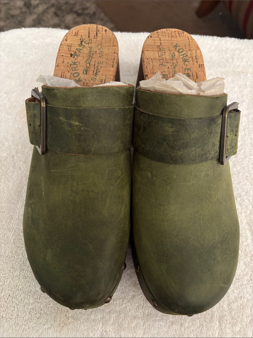 Kork-Ease Men’s Olive Green Leather Slip-On Clogs with Buckle